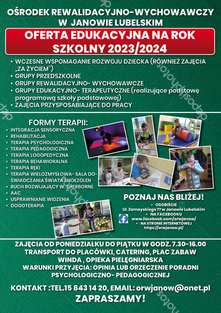 Plakat przedstawiający ofertę edukacyjną oraz kilka zdjęć przedstawiających dzieci na zajęciach